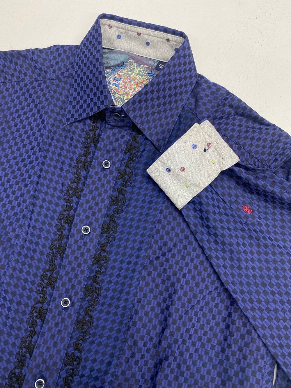 Robert Graham textured checkered floral embroidered flip cuff dress shirt M